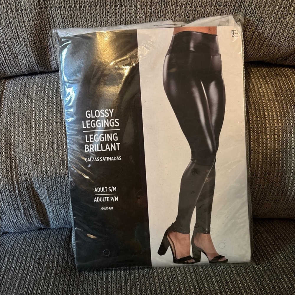 Black Wet Look Glossy Leggings High Waist Pull On Halloween Cosplay Size S/M